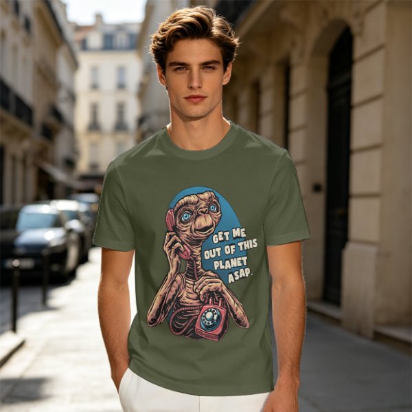 Olive t-shirt with E.T. 'Get Me Out Of This Planet ASAP' print