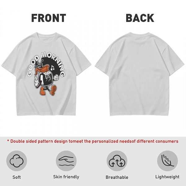 Olive t-shirt with retro coffee pot cartoon and Good Morning text