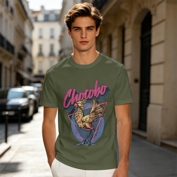 Olive Chocobo Graphic T-Shirt with Retro 80s Style Print