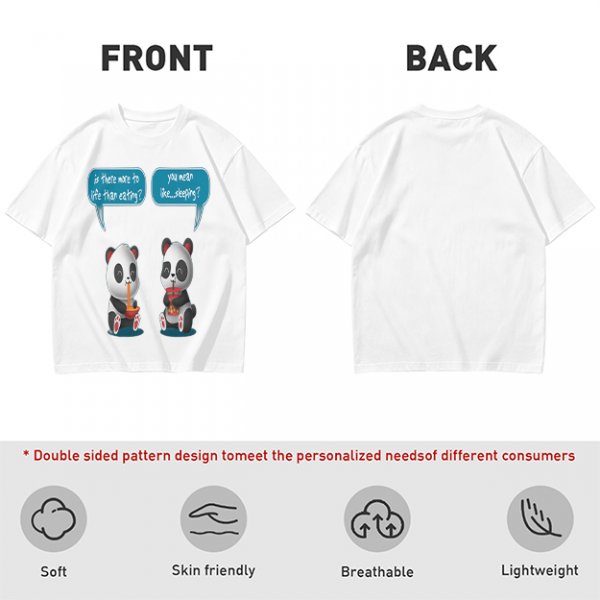 Olive t-shirt with pandas discussing life beyond eating and sleeping