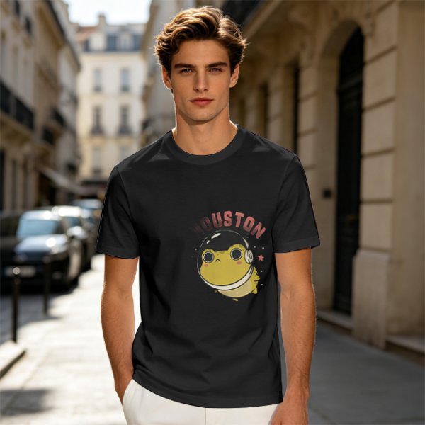 Olive green t-shirt with space frog graphic and Houston text