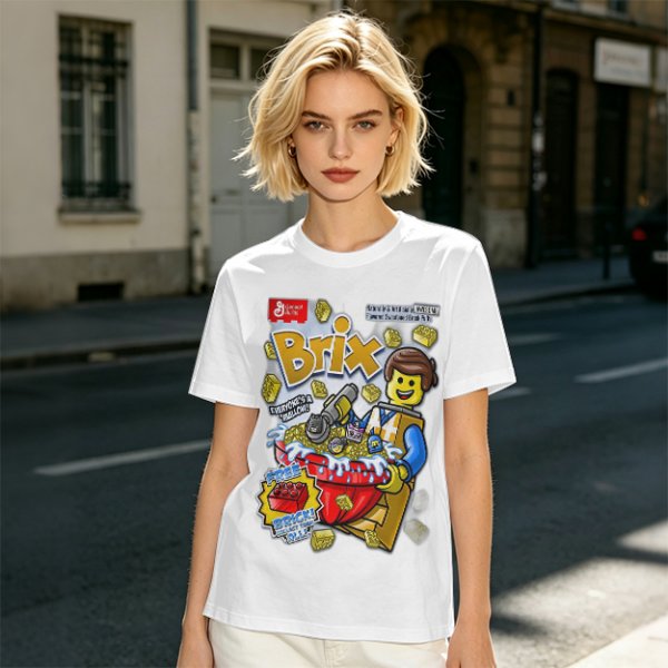 Olive t-shirt with Lego-style Brix cereal graphic print