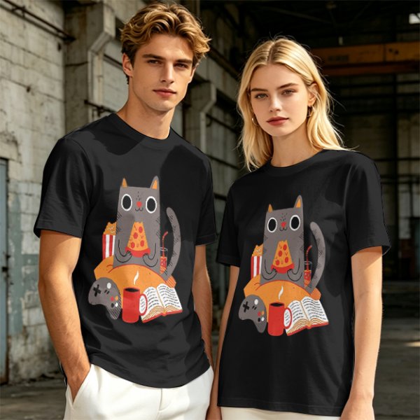 Olive T-Shirt With Cozy Cat Eating Pizza And Gaming Print