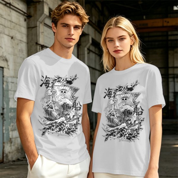 Olive T-shirt with One Piece Going Merry Ship Ink Art Print
