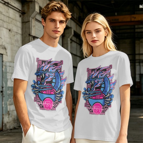 Olive T-Shirt With Neon Blue Dragon Holding Ramen Chopsticks Art