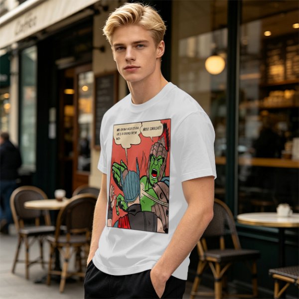 Olive t-shirt with comic print of Hulk and Thor mid-smashed interaction