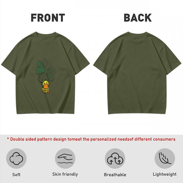 Olive T-shirt with Cute Duck Holding Four-Leaf Clover Print