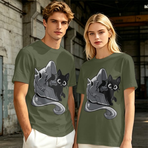 Olive Green T-Shirt With Black Cat Peeking From Knight Helmet Art