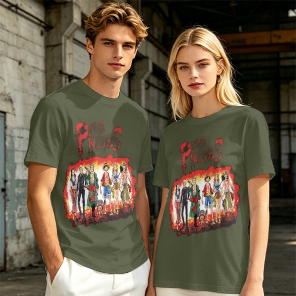One Piece Pirates Anime Graphic Olive T-Shirt