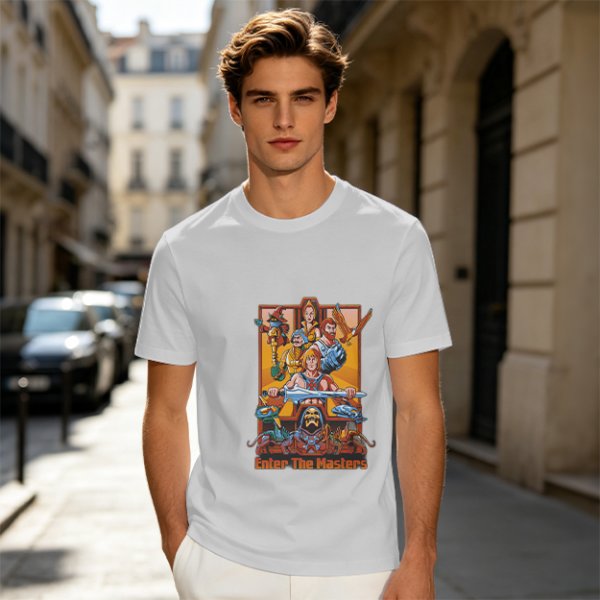 Olive green t-shirt with Masters of the Universe graphic print