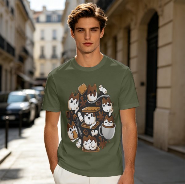 Olive T-Shirt With Cute S'mores Cat Graphic Design