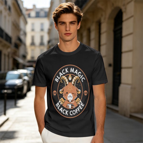 Olive t-shirt with black magic black coffee goat graphic print
