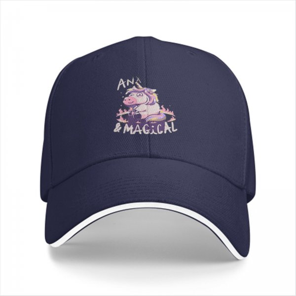 Black baseball cap with anxious unicorn and magical text design
