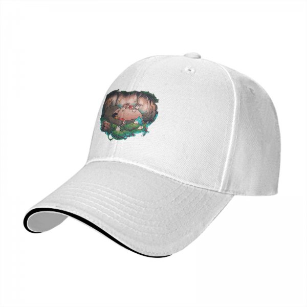 Black baseball cap with forest spirit creature graphic print
