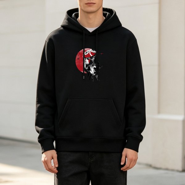 Black Hoodie with Red Moon and Samurai Warrior Graphic Print