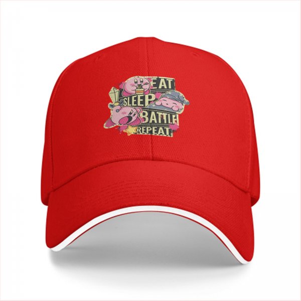 Black baseball cap with Eat Sleep Battle Repeat Kirby graphic