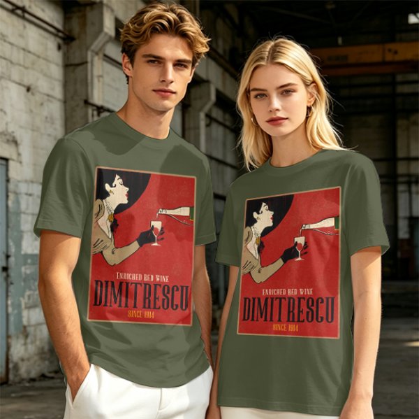 Olive t-shirt with vintage Dimitrescu red wine graphic print