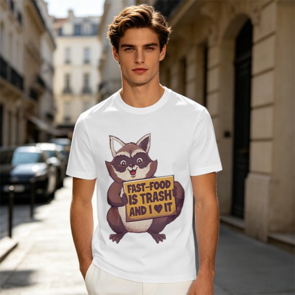 Olive t-shirt with a raccoon holding a fast food trash sign