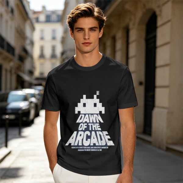 Olive T-Shirt with Retro Arcade Space Invader Graphic and Dawn of the Arcade Text