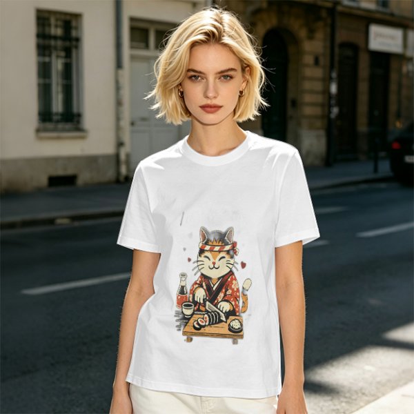 Olive T-Shirt Featuring a Cute Cat Sushi Chef Illustration