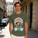 Olive green t-shirt with cat coffee cup graphic and playful text design