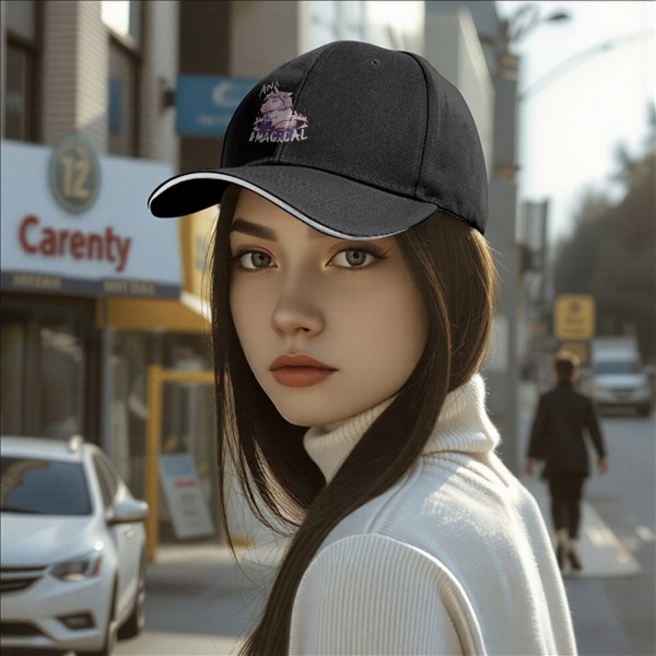 Black baseball cap with anxious unicorn and magical text design