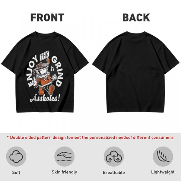 Olive graphic t-shirt with 'Enjoy the grind Assholes' coffee grinder mascot print