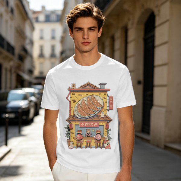 Olive T-Shirt With Cat Gyoza Restaurant Illustration