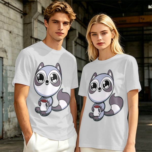 Olive T-Shirt with Cute Raccoon Holding Coffee Mug Print