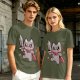 Olive T-shirt with cute warrior cat holding a sword graphic