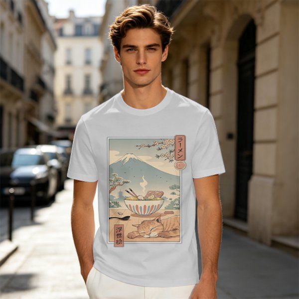 Olive t-shirt with ukiyo-e style ramen cat and Mount Fuji print