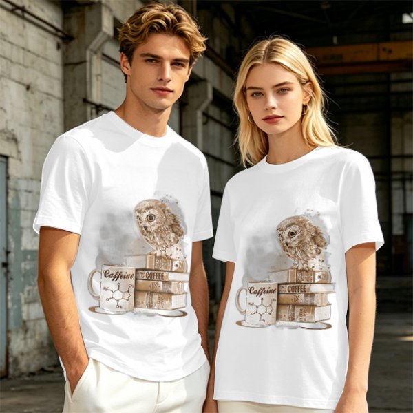 Owl on coffee books and caffeine mug graphic t-shirt