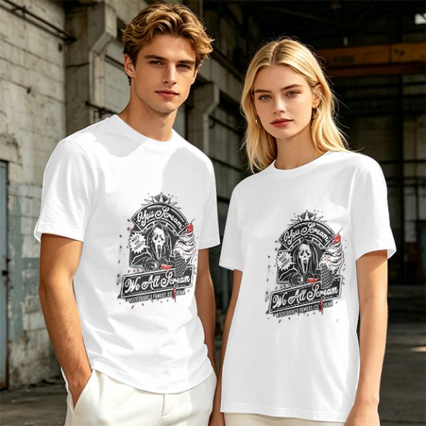 Olive green graphic t-shirt with horror ice cream themed print
