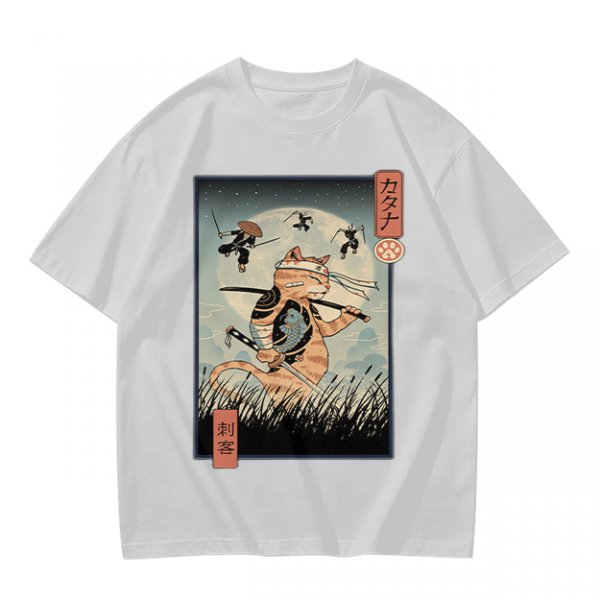 Samurai Cat Fighting Ninjas Ukiyo-e Style Graphic T-Shirt