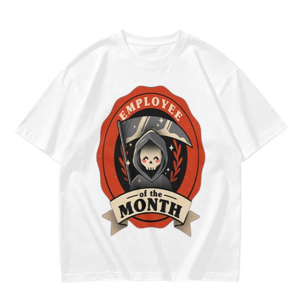 Olive T-Shirt with Cute Grim Reaper Employee of the Month Print