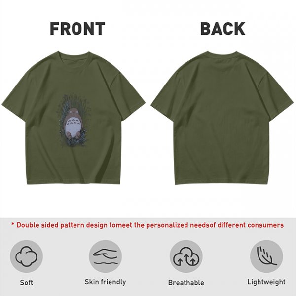 Olive Green T-Shirt With Totoro In Grass Graphic Print