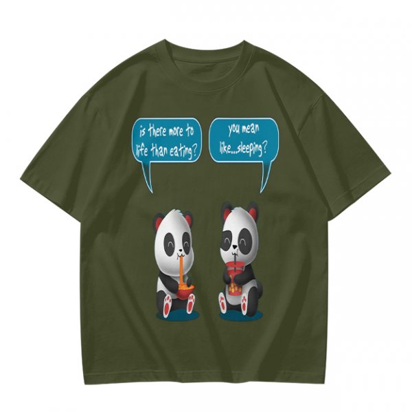Olive t-shirt with pandas discussing life beyond eating and sleeping