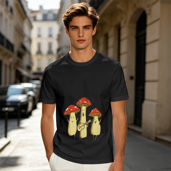 Olive T-Shirt with Singing Mushroom Band Graphic