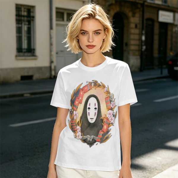 Spirited Away No-Face Graphic Tee with Cherry Blossoms and Lanterns