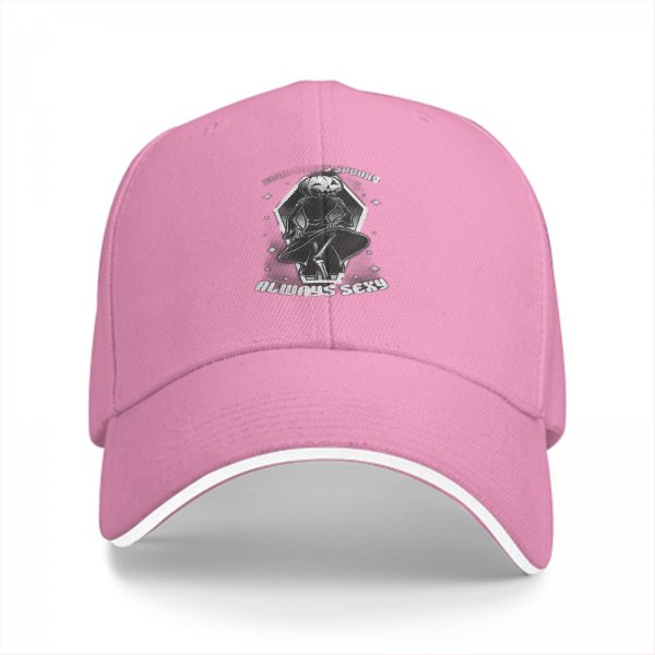 Black baseball cap with spooky pumpkin figure and 'Always Sexy' text