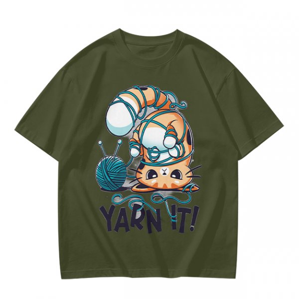 Olive T-shirt with Tangled Orange Cat Yarn It Print