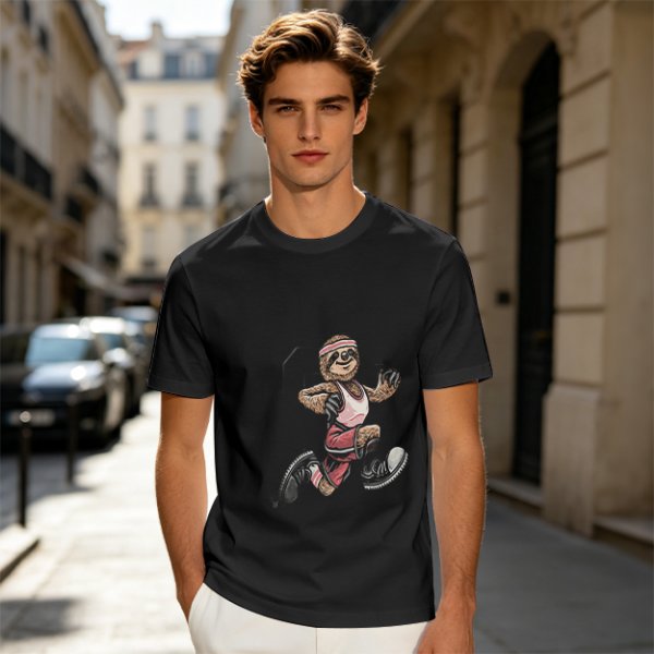 Olive T-Shirt with Cartoon Sloth Running Athlete Graphic