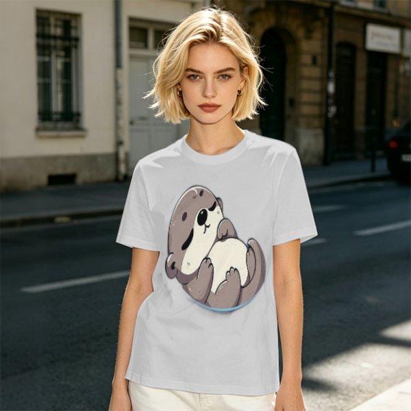 Olive Green T-Shirt with Cute Sleeping Otter Graphic