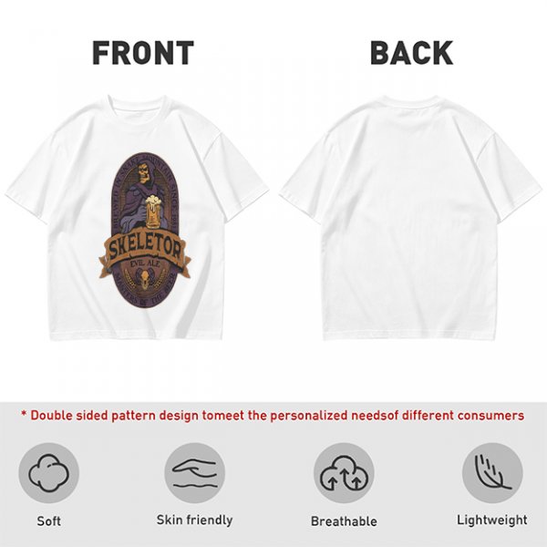 Olive green t-shirt with Skeletor Evil Ale beer graphic
