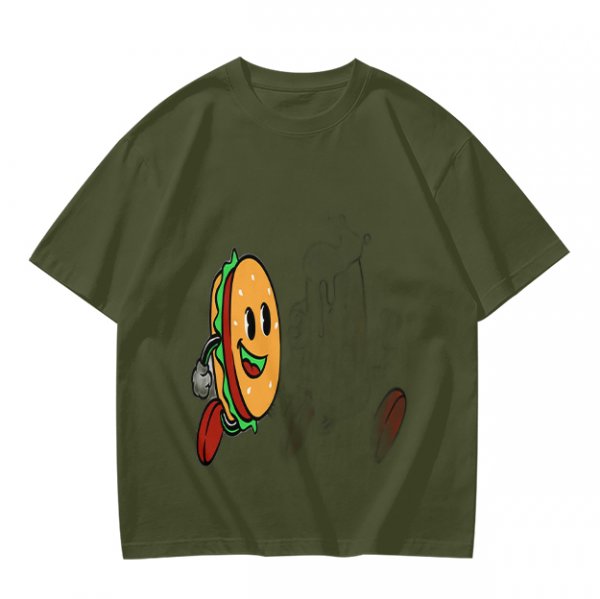 Olive T-Shirt With Cartoon Running Hamburger Character Print