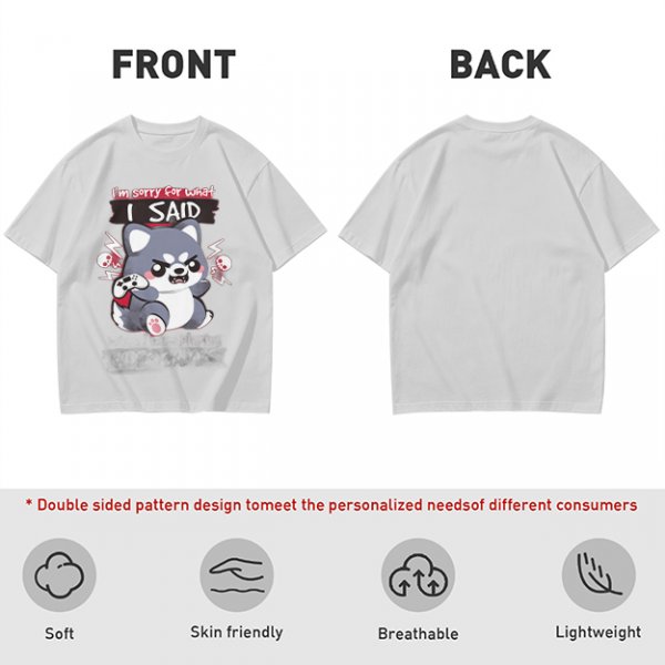 Olive t-shirt with angry gaming wolf graphic and funny apology text