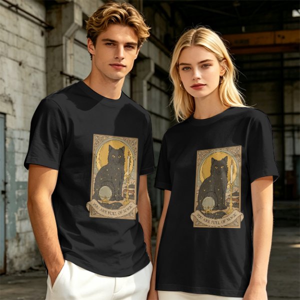 Olive T-Shirt With Black Cat Tarot Card Art That Says You Are Full Of Magic