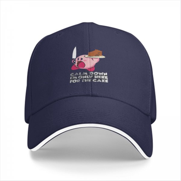 Black baseball cap with Kirby holding cake and knife, text 'Calm Down I'm Only Here For The Cake'