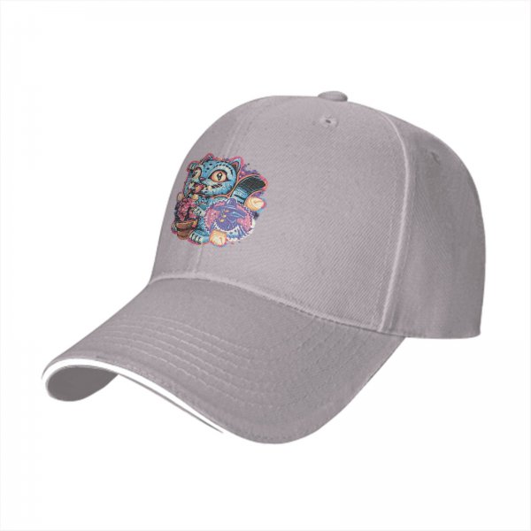 Black Baseball Cap With Whimsical Blue Cat Art Print