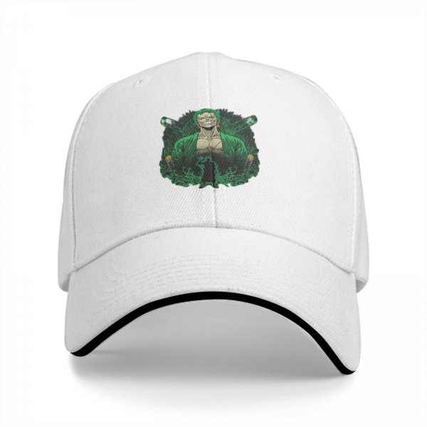 Black baseball cap with One Piece Roronoa Zoro graphic print